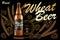 Craft wheat beer ads design. Realistic malt golden bottle beer isolated on dark background with ingredients wheats, hops