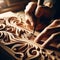 Craftsman carpenter carves ornate details in woodwork