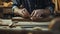 Craftsman hands carving wood with precision in a dusty workshop.