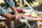 Craftsman at work on wooden boards