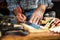 Craftsman at work on wooden boards. Carpentry