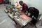 Craftsman works in a workshop making inlaid marble in Agra