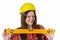 Craftswoman with hardhat and water level