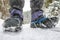 Crampons on hiking boot