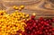 Cranberries and sea buckthorn. Red and orange background of ripe juicy autumn berries