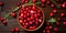 Cranberry banner. Bowl full of cranberries. Close-up food photography background