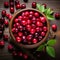 Cranberry banner. Bowl full of cranberries. Close-up food photography background