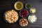 Cranberry Hazelnut Stuffing Ingredients in Prep Bowls