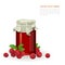 Cranberry jam jar with fresh berry on white