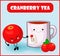 Cranberry tea. Cute kawaii character red berry and a cup with a tea bag. Fortified autumn drinks