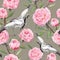 Crane birds dance, peony flowers. Vintage floral repeating background. Watercolor