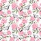 Crane birds dance, pink peony flowers. Floral repeating background. Watercolor