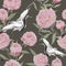 Crane birds, peony flowers. Floral repeating background. Watercolor