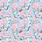 Crane birds, peony flowers. Floral repeating estern pattern. Watercolor