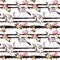 Crane birds with pink spring flowers at monochrome striped background. Seamless floral pattern - cherry blossom, apple