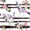 Crane birds with pink spring flowers at monochrome striped background. Seamless floral pattern - cherry blossom, apple