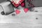 Crane box hearts on black and white background top view Valentine`s day place under text