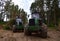 Crane forwarder machines at during clearing of a plantation. Wheeled harvester transports raw timber from the felling site out to