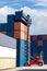 Crane lifting up container in railroad yard. Crane lifting up container in yard. forklift handling container box loading.