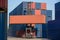 Crane lifting up container in railroad yard. Crane lifting up container in yard. forklift handling container box loading.