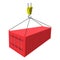 Crane lifts a red container with cargo icon