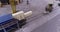 Crane loads a wooden beam in a container, active work of heavy machinery in the yard of the sawmill