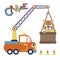 Crane truck with little cat, vector cartoon illustration