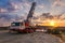 Crane trucks in the construction of a bridge