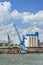 Crane vessel moored in Port of Rotterdam on a sunny day