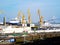 Cranes to repair boats in the bay of CÃ¡diz capital, Andalucia. Spain.