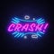 CRASH neon text vector design template. Comic speech bubble Crash in neon style, light banner design element colorful