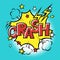 CRASH! phrase in speech bubble. Comic text. Vector bubble icon speech phrase. Comics book balloon. Halftone background