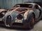 Crashed abandoned rusty expensive atmospheric supercar circulation banned for co2 emission dystopian