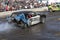 Crashed car in action during demolition derby