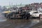 Crashed cars in action during demolition derby