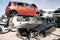 Crashed cars junkyard scrap material stack automobile