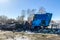 Crashed and damaged freight cargo truck after road accident