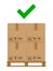 Crate boxes on wooded pallet and check mark green for product arrangement concept, stack cardboard box in factory warehouse