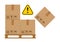 Crate boxes on wooded pallet and warning sign yellow for product arrangement concept, stack cardboard box in factory warehouse