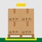 Crate boxes on wooded pallet and yellow marking area for products arrangement concept, stack cardboard box in factory warehouse