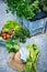 Crate full of freshly picked vegetables, straw hat and gloves in a garden. Homegrown bio produce concept.