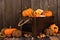 Crate of pumpkins and gourds against rustic wood