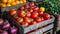 Crates with seasonal vegetables displayed on a farmer's market counter. Wooden boxes with fresh organic tomatoes