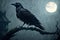 A craw or raven by a wooden building in the dark under a full moon