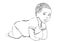 Crawling baby vector outline hand drawing, coloring, sketch. Black and white cartoon small child crawls on the knees, drawn portra