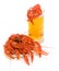 Crayfish and a glass of beer on white background