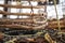 crayfish traps on a fishing boat. lobster wooden pots on the back of a fishing ship in australia