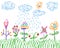 Crayon kids hand drawn colorful flower with green grass on white with cloud and rain. Horizontal border pattern.