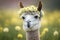 Crazed alpaca wearing a crown of dandelion blossoms. Camelid from South America