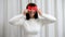 Crazy adult senior celebrate Valentine\'s Day. Woman cover eyes with red valentine cards and smile. Romantic